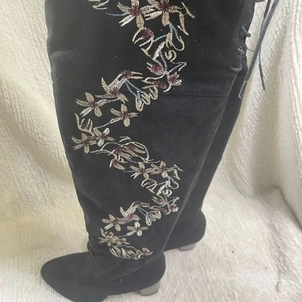Qupid fabric suede black over the knee heel boots floral embroidery accent SZ9